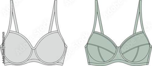 Women underwire bra technical flat with cup seam and double straps lingerie fashion template for apparel mockup and production, cad drawing flat vector illustration