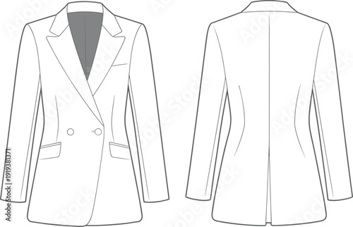 Double-breasted women’s blazer technical flat sketch, vector fashion drawing with lapel collar, tailored design, front and back view