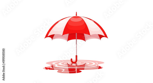 An open red and white umbrella icon with a reflection of water underneath. A cartoon-style umbrella vector.