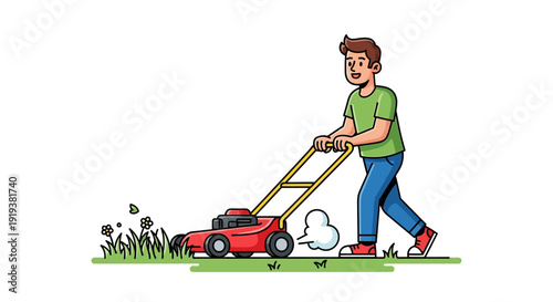 Cartoon illustration of a man pushing or using a lawn mower to tidy up a garden. Illustration isolated on a white background in cartoon vector style.