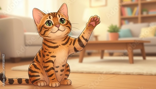 Cute Bengal Cat with Raised Paw in Cozy Living Room Setting