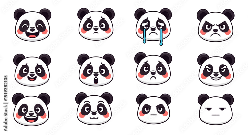 Fototapeta premium icon set of panda head style vector with various facial expressions