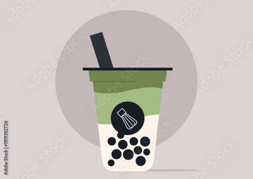 A refreshing cup showcasing a blend of creamy matcha and chewy tapioca pearls, beautifully presented in sleek, modern branding that captures the essence of a trendy matcha cafe.