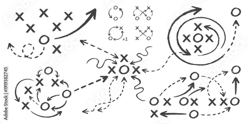 Hand-drawn schematic diagrams of strategic plays with xs and os, arrows, and dashed lines on a white background