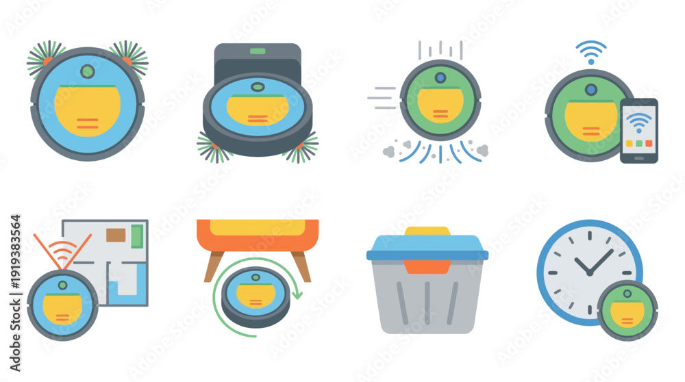 Fototapeta premium automatic vacuum robot , flat color vector set collection , white background , PNG and SVG