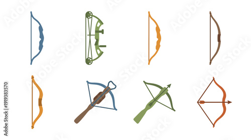 archery bow , flat color vector set collection , white background , PNG and SVG