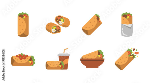 burrito , flat color vector set collection , white background , PNG and SVG