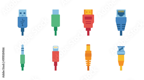 cable connector , flat color vector set collection , white background , PNG and SVG