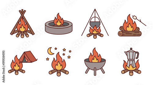 campfire , flat color vector set collection , white background , PNG and SVG