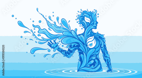 A dynamic illustration of a human figure formed by flowing water splashes and droplets, with integrated leaf motifs, emerging from a calm body of water with ripples.