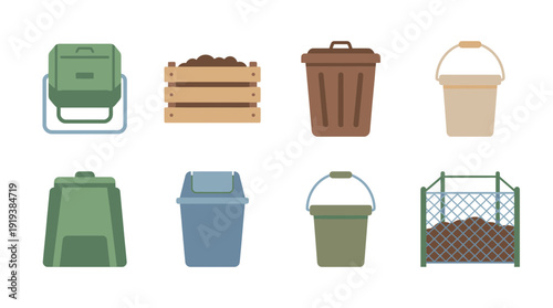 compost bin , flat color vector set collection , white background , PNG and SVG