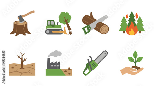 deforestation , flat color vector set collection , white background , PNG and SVG