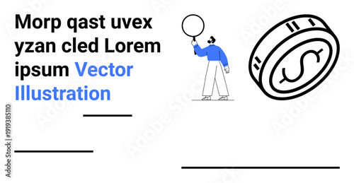 Individual examining large dollar coin with magnifying glass, representing analysis, finance, and economics. Ideal for business strategy, investment, budget planning, wealth, and a simple landing