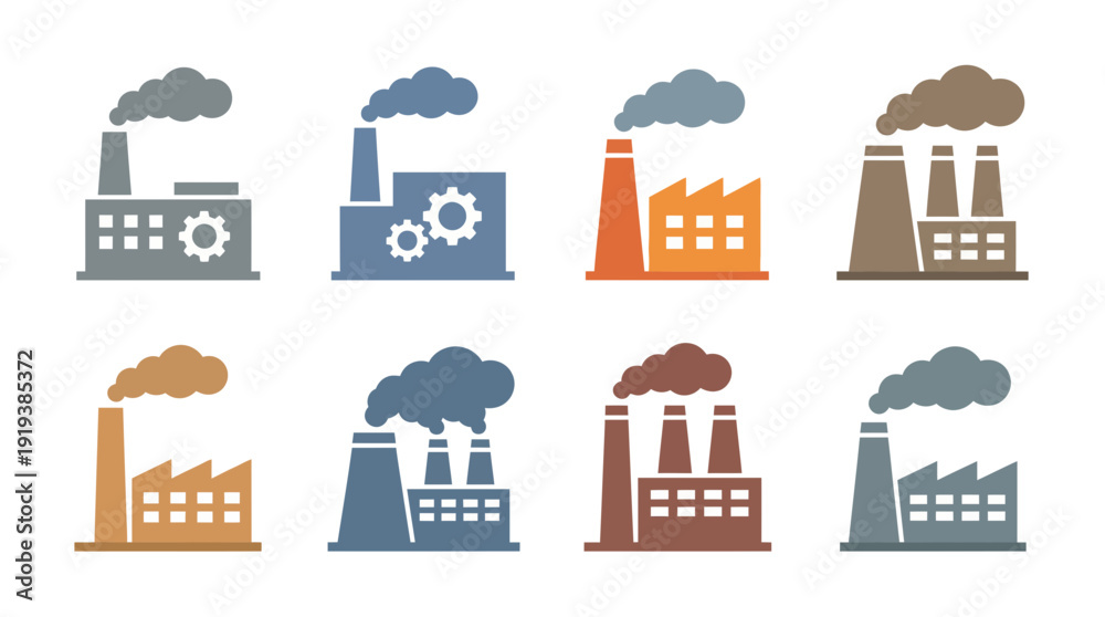Fototapeta premium factory smoke , flat color vector set collection , white background , PNG and SVG