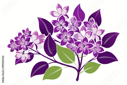 A beautiful and colorful illustration presents a charming sprig of lilac flowers in various shades of purple, complemented by fresh green leaves and a purple stem.
