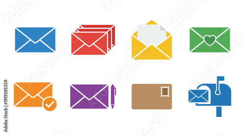 envelope mail , flat color vector set collection , white background , PNG and SVG