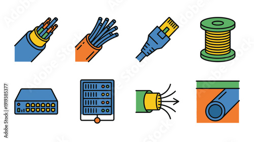 fiber optic cable , flat color vector set collection , white background , PNG and SVG