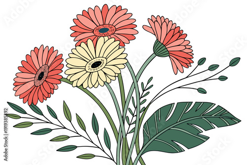 A lovely illustration depicts a vibrant bouquet of cheerful pink and creamy yellow gerbera daisies, complemented by green leaves.