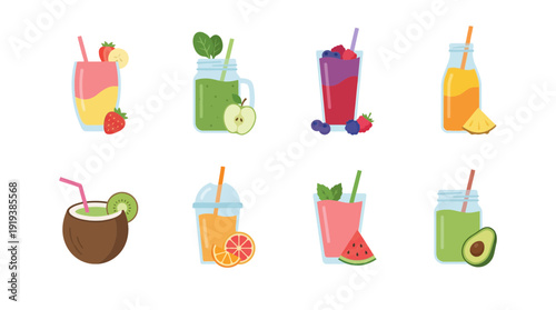 fruit smoothie , flat color vector set collection , white background , PNG and SVG