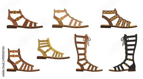 gladiator sandals , flat color vector set collection , white background , PNG and SVG