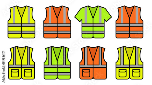 high visibility vest , flat color vector set collection , white background , PNG and SVG