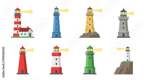 lighthouse , flat color vector set collection , white background , PNG and SVG
