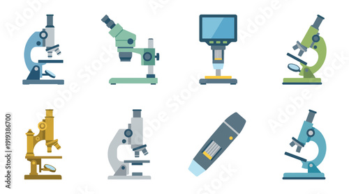 microscope , flat color vector set collection , white background , PNG and SVG