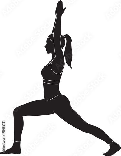 Female silhouette practicing warrior i yoga pose for health and balance