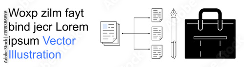 Business strategy, workflow optimization, corporate planning, education, project management, document storage. Diagram with files, data connections pen and briefcase. Workflow optimization