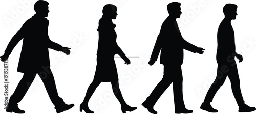 Walking business people silhouettes isolated on white background, professional men and woman stride motion side view vector illustration for corporate lifestyle concepts