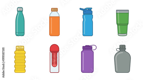 reusable bottle , flat color vector set collection , white background , PNG and SVG