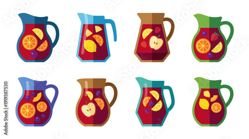 sangria pitcher , flat color vector set collection , white background , PNG and SVG