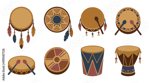 shaman drum , flat color vector set collection , white background , PNG and SVG