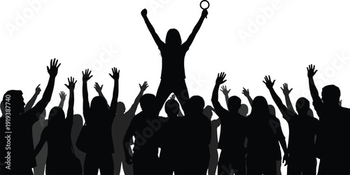 Winner celebrating with trophy above crowd silhouette vector illustration black and white victory success concept isolated on white background