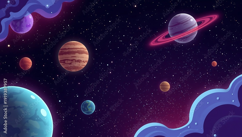 Naklejka premium Vibrant Cosmic Landscape with Planets and Nebulas