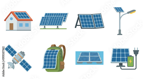 solar panel , flat color vector set collection , white background , PNG and SVG