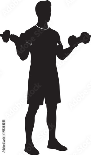 Silhouette of a man performing a dumbbell exercise for shoulder and arm strength training