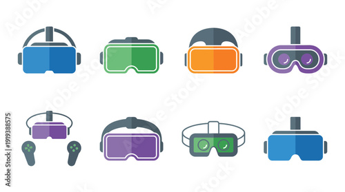 virtual reality headset , flat color vector set collection , white background , PNG and SVG