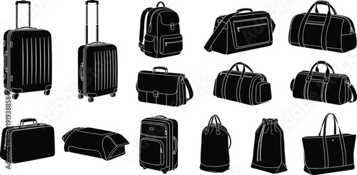 Travel Bag and Luggage Silhouette Collection with Suitcase Backpack Duffel and Tote Black Vector Illustration Isolated on White Background