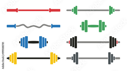 weightlifting barbell , flat color vector set collection , white background , PNG and SVG