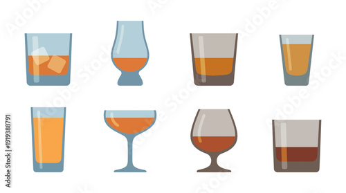 whiskey glass , flat color vector set collection , white background , PNG and SVG
