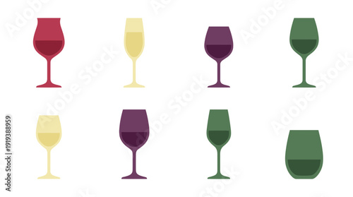 wine tasting glass , flat color vector set collection , white background , PNG and SVG