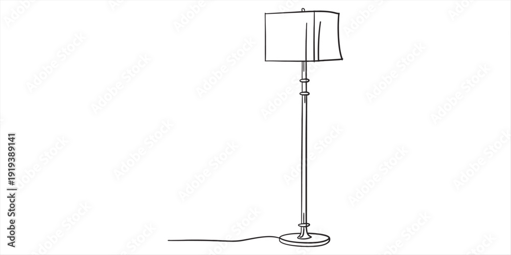Obraz premium Simple line drawing of a floor lamp with a rectangular shade and a thin stand on a white background. Vector, illustration