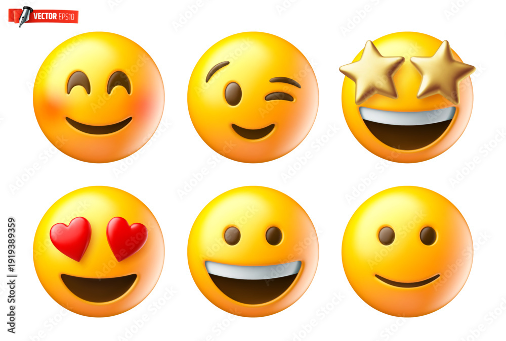 Ταπετσαρία Vector realistic illustration of 3d emojis on a white background.