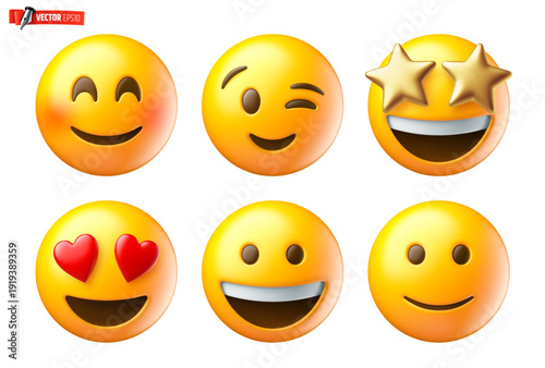 Vector realistic illustration of 3d emojis on a white background.