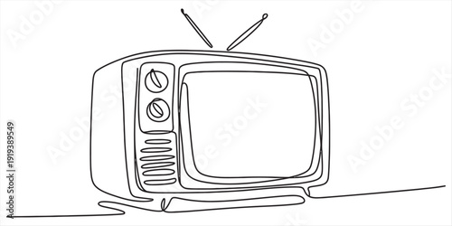Continuous line drawing of a vintage television set with antennas and manual tuning knobs. Vector, illustration