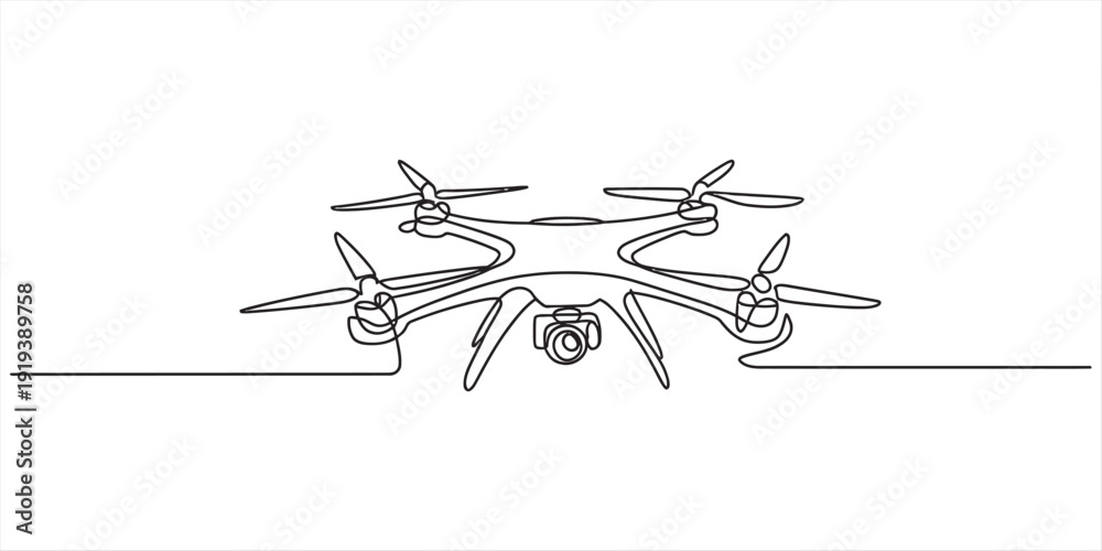 Αυτοκόλλητο Continuous line drawing of a quadcopter drone with a camera for photography and