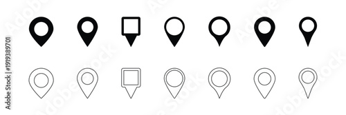 Set of location pin and map pointer icons. Navigation map icons. GPS location pin, route path, direction arrow, compass, marker, GPS, and destination tracking. Minimalist vector web UI elements. 