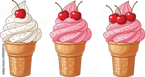 Soft serve ice cream cones with cherry toppings set isolated on white background, sweet dessert vector illustration for menu food design