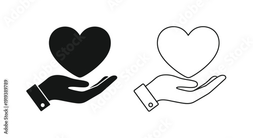 Two hands offering hearts a solid and an outlined design